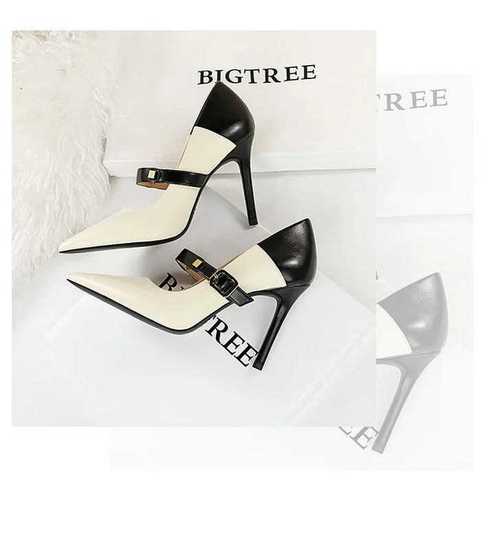 Faux Leather Pointed Heel Shoes with Buckle Decoration - Margaret