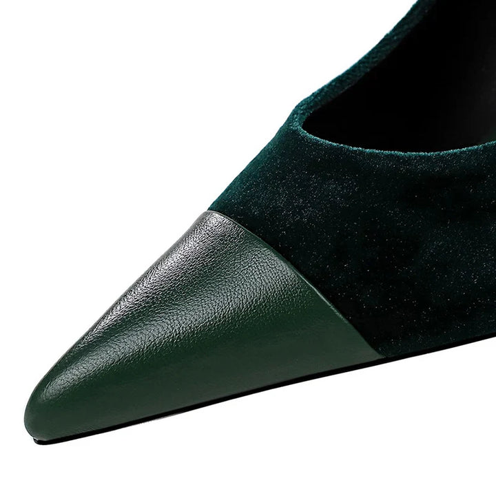Pointed Heel Shoes with Velvet and Faux Leather Buckle Decoration - Mabel
