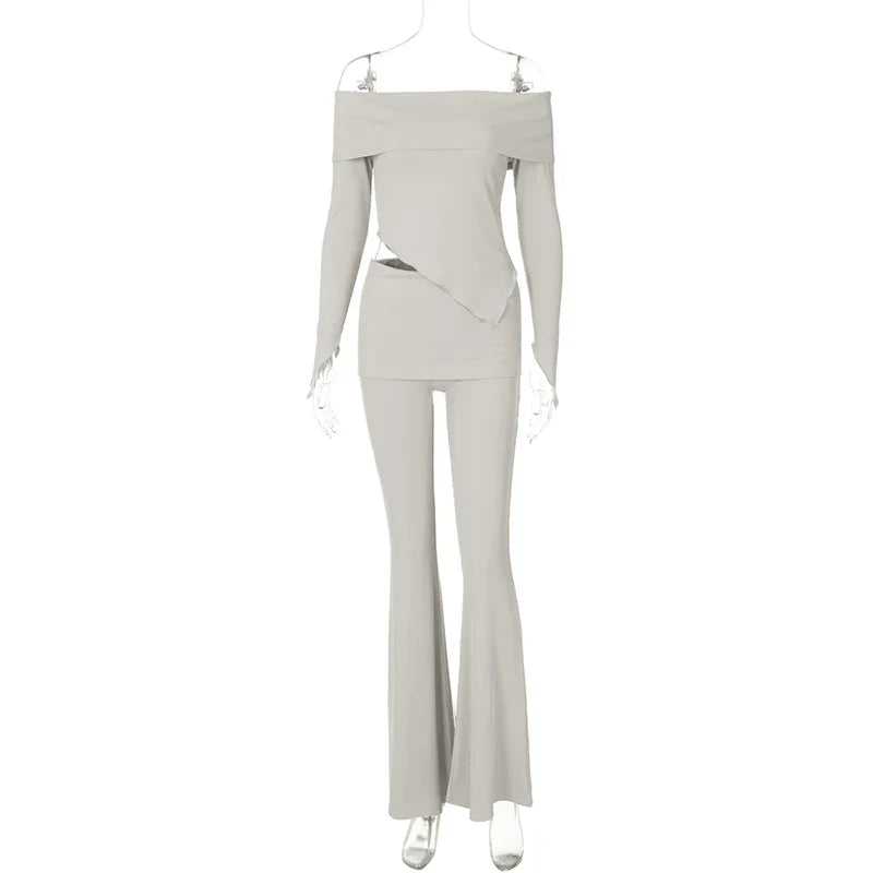 Two-piece knitted set with asymmetrical off-shoulder top and long pants - ROZIE