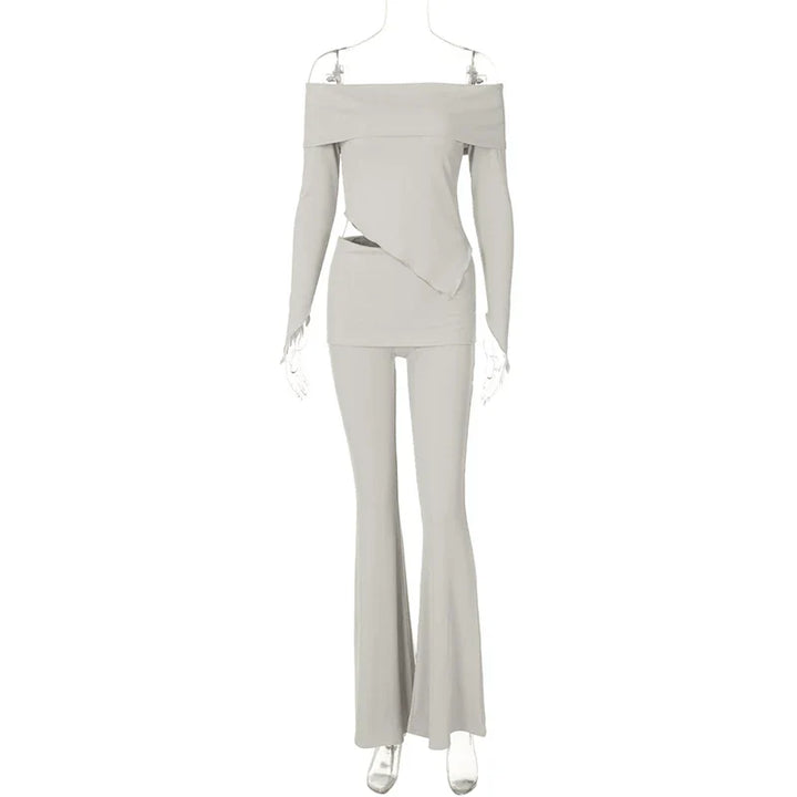 Two-piece knitted set with asymmetrical off-shoulder top and long pants - ROZIE