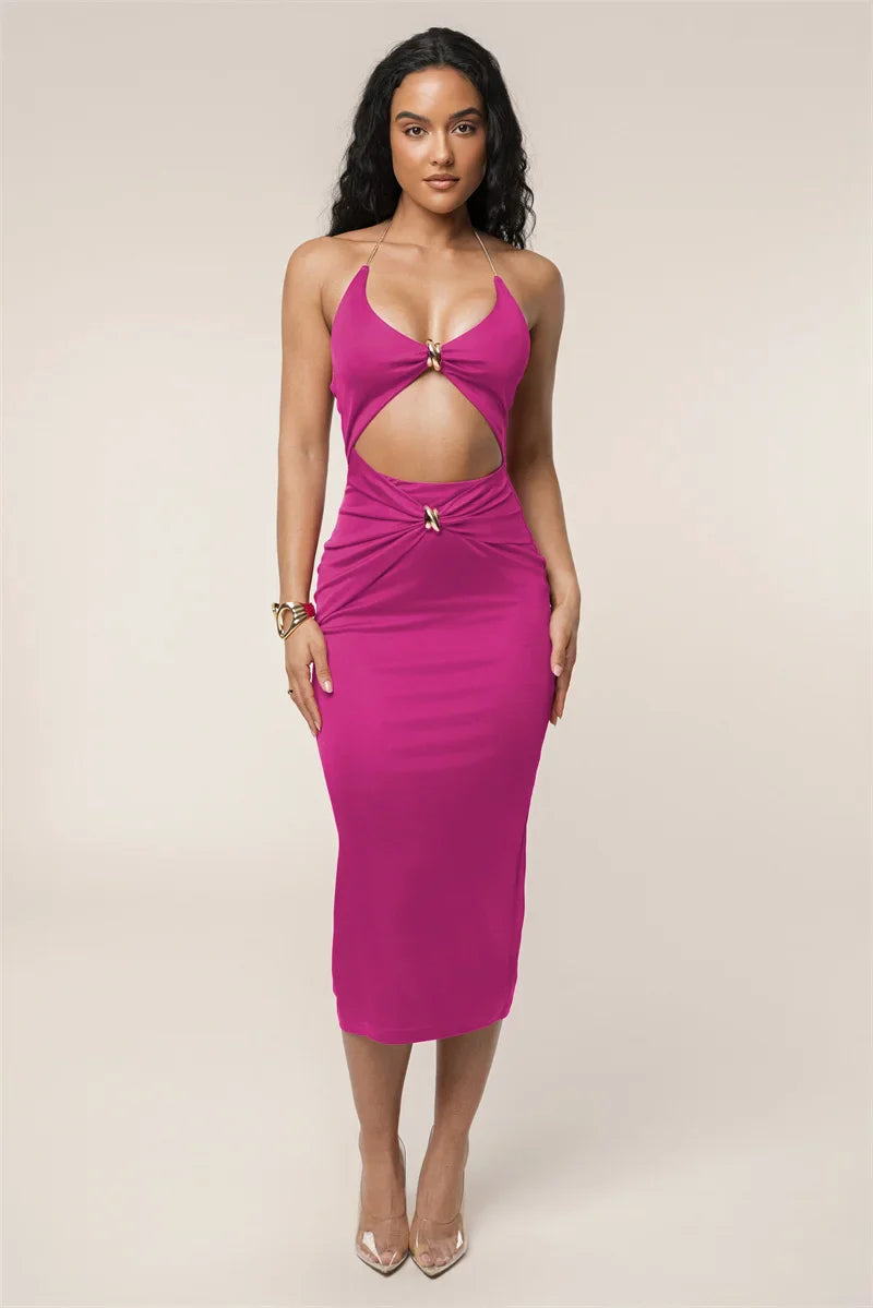 Fitted midi dress with chain and buckle cutout detail - John