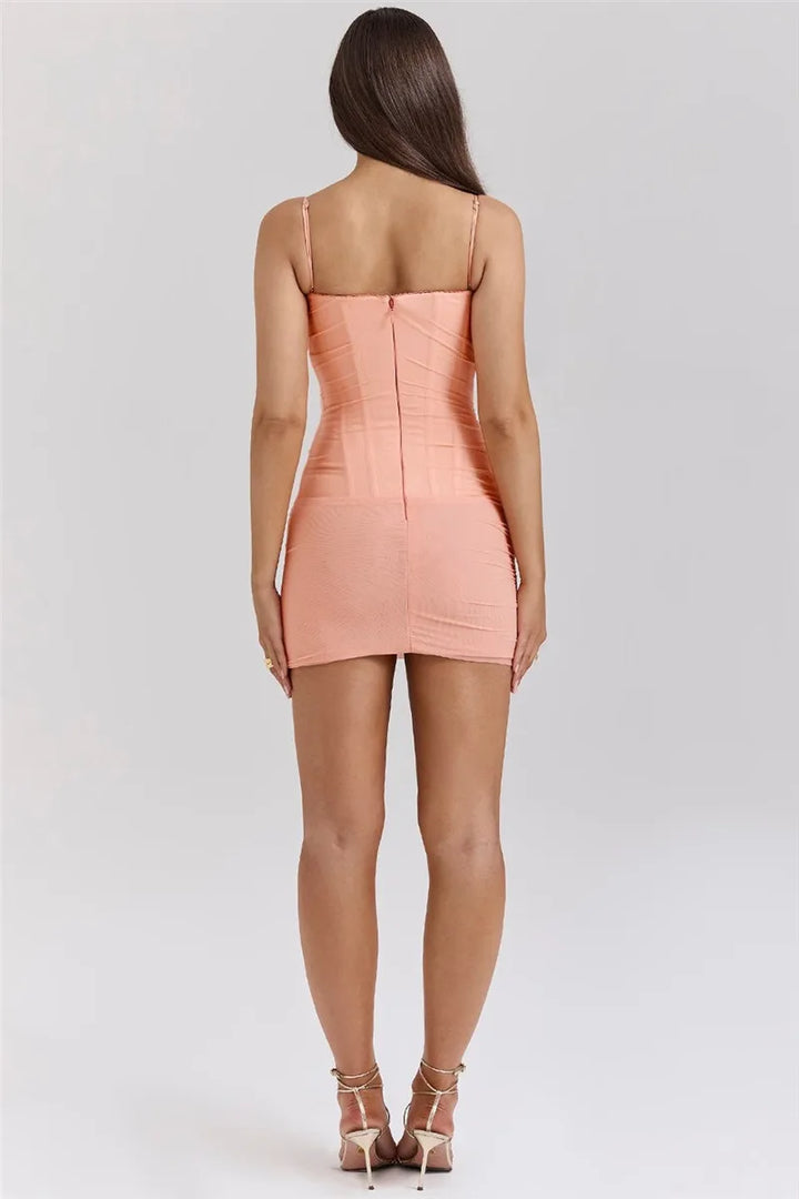 Fitted Chiffon Mini Dress with Corset and Lace Detail - Fiji
