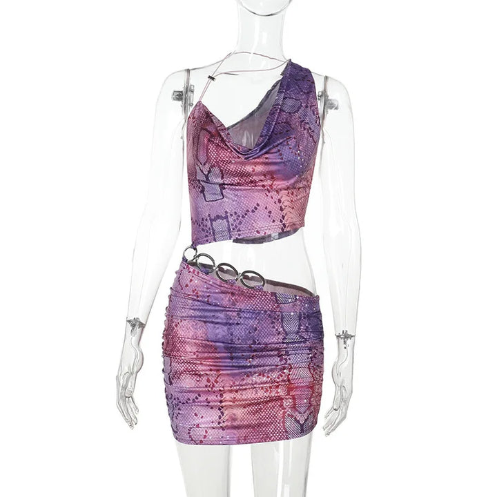 Mini dress with split design and special print with hoop buckle details - Kami