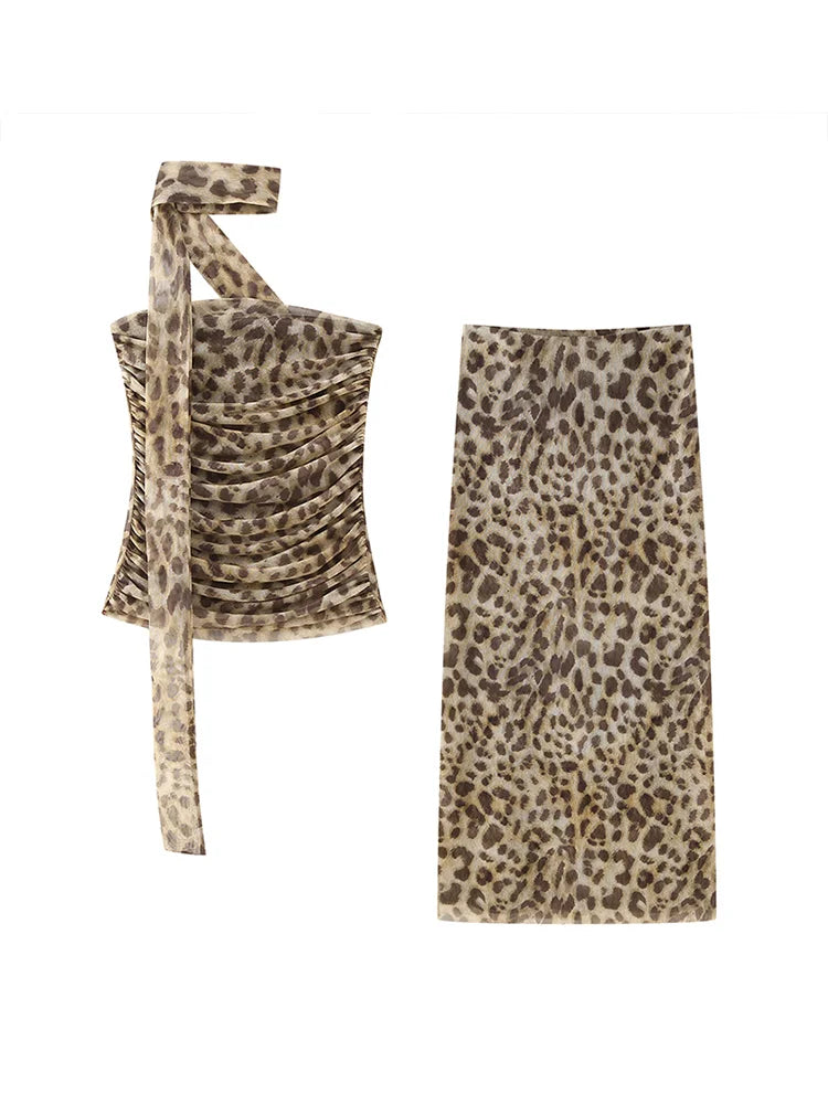 Two-Piece Chiffon Set with Strapless Top and Midi Skirt with Matching Scarf Detail - Liri