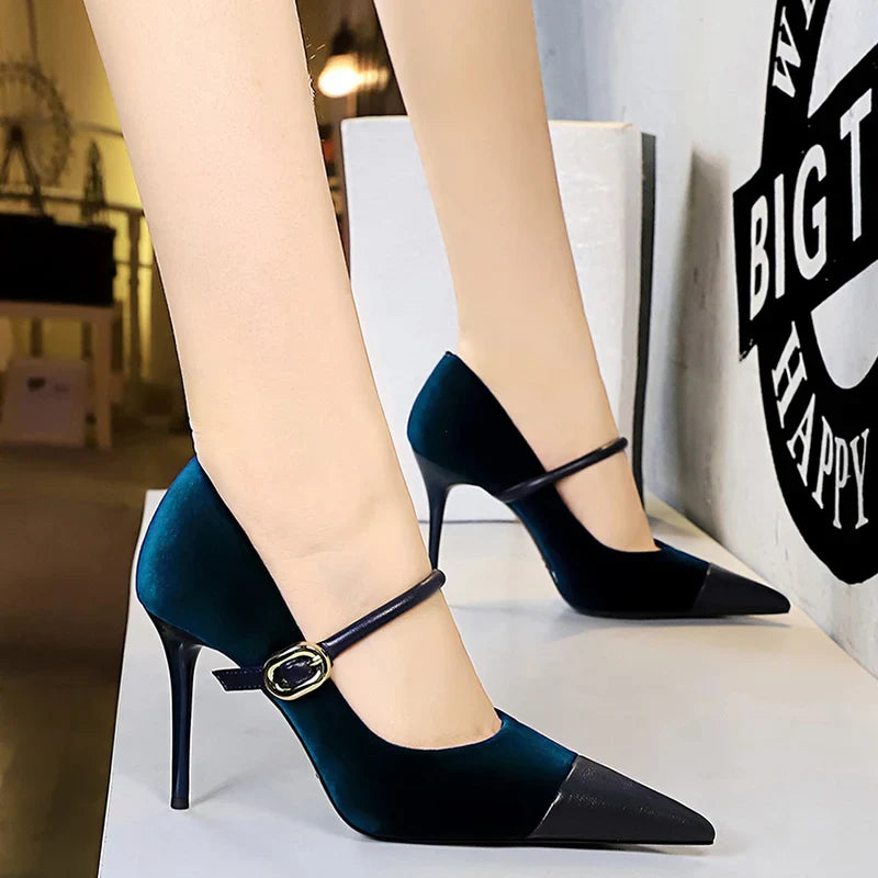 Pointed Heel Shoes with Velvet and Faux Leather Buckle Decoration - Mabel