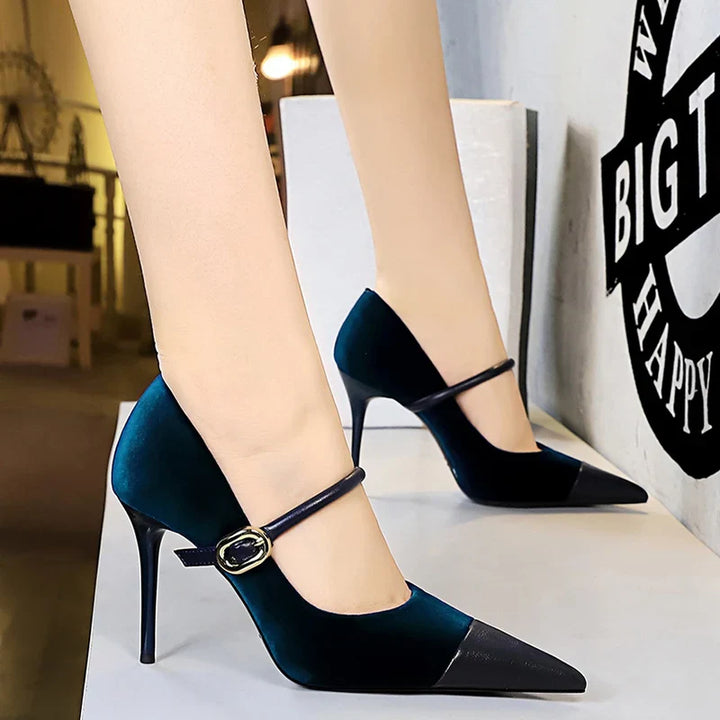 Pointed Heel Shoes with Velvet and Faux Leather Buckle Decoration - Mabel