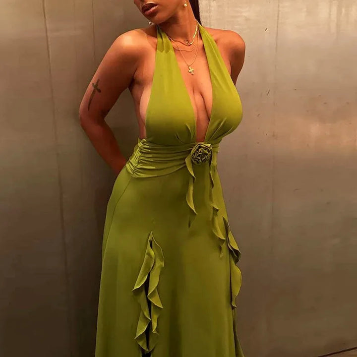 Maxi Dress with Ruffle and Flower Decoration and Open Back - Maxine