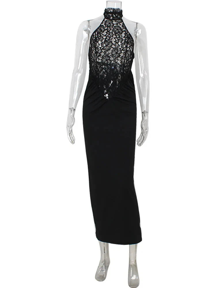 Maxi Dress with Collar, Lace Design, Sheer Hem, and Open Back - Eliza