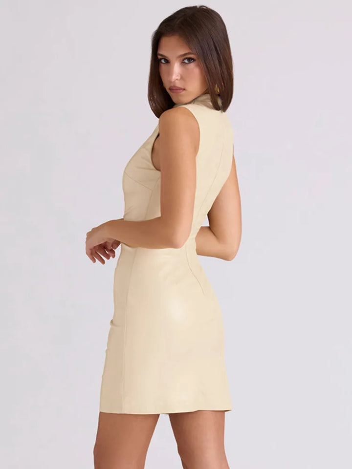 Mini Faux Leather Dress with Pleats Design - SIERA