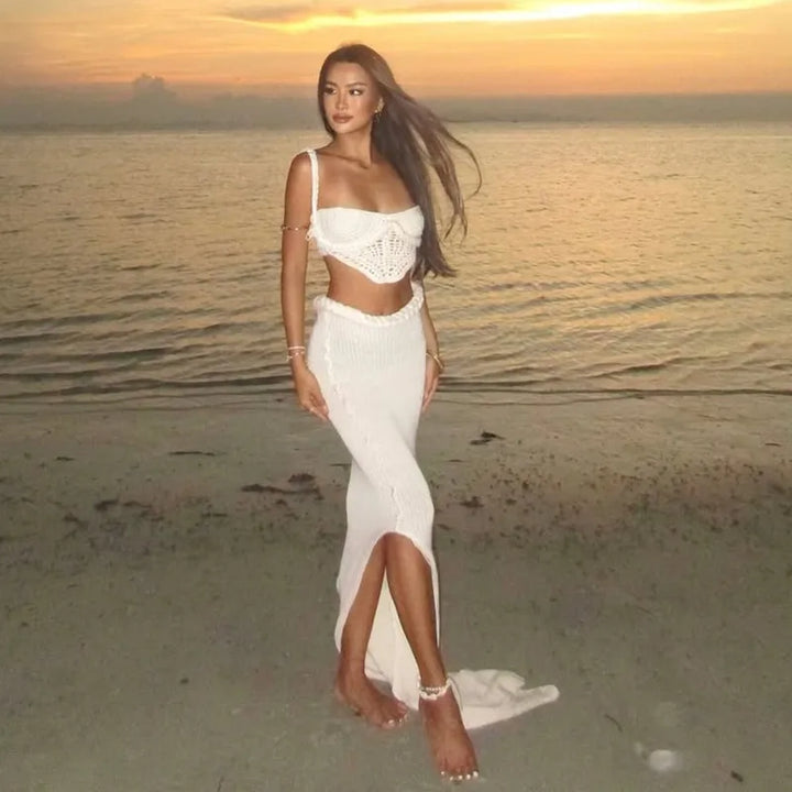 Two-piece crocheted beach set, top and maxi skirt - Aqua