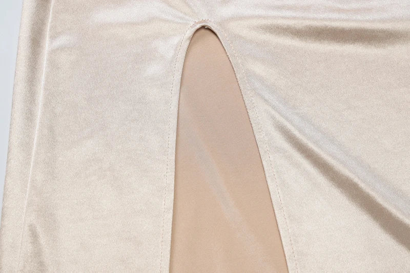Open Back Satin Maxi Dress with Slit and Matching Scarf Decoration - Felicia