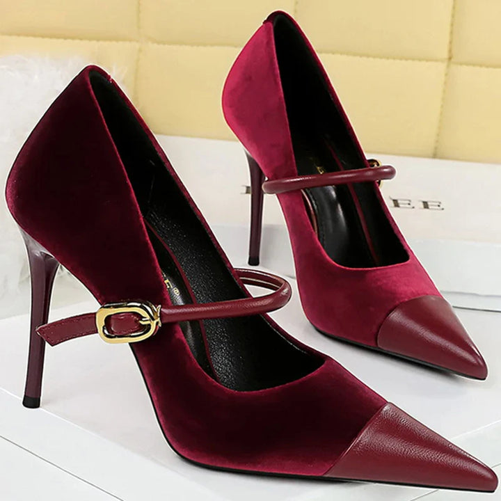 Pointed Heel Shoes with Velvet and Faux Leather Buckle Decoration - Mabel
