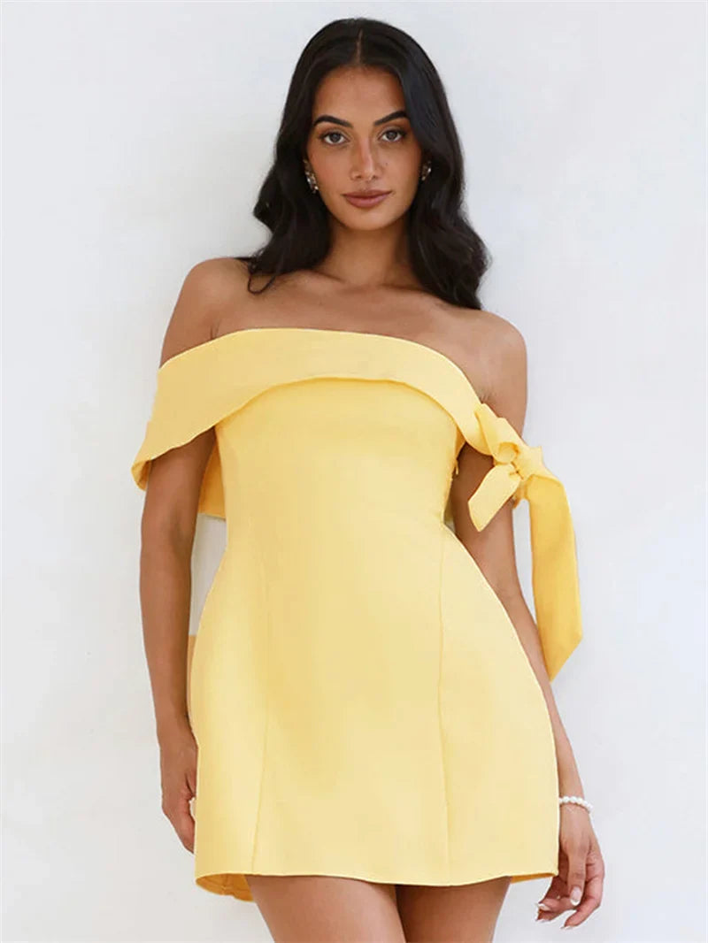 Mini A-line dress with bare shoulders decorated with tie - Sheli