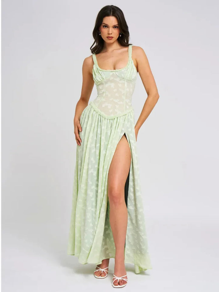Chiffon Maxi Dress with Floral Embroidery, A-Line Cut, and Slit Design - Alejandra