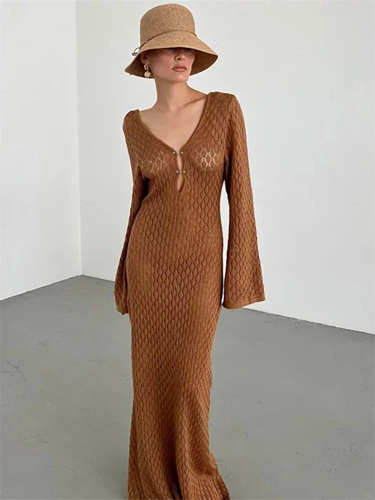 Knitted Maxi Beach Dress with Open Back and Pearl Pin Decoration - Lina