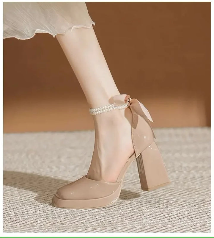 Shiny Faux Leather High Heels with Pearl and Bow Decoration - Vivian