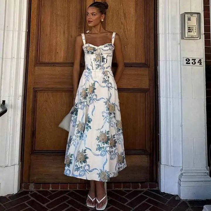 Elegant floral print midi A-line dress - Florine