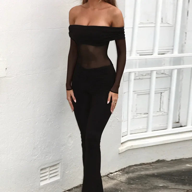 Shaping fabric jumpsuit with mesh design and off-shoulder pedal pants - Maya Lee
