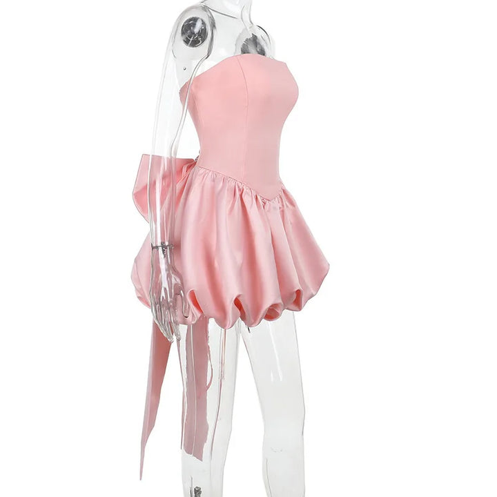 Strapless satin mini dress with balloon shape and bow decoration - Nina