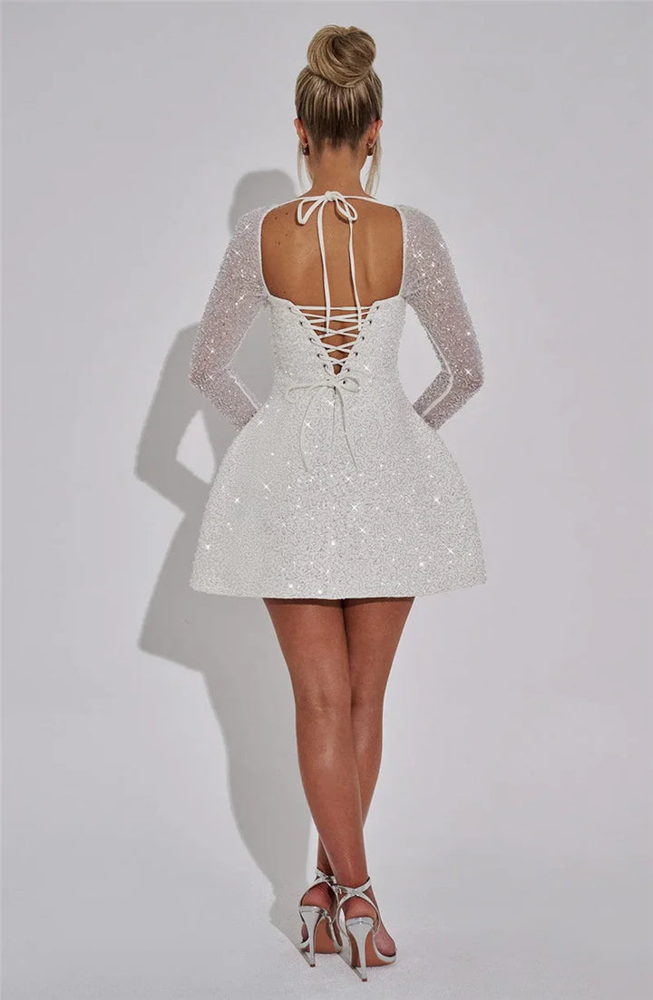 Mini Dress with Sparkling Sequin Embellishment, A-Line, and Mesh Sleeves - Skylar