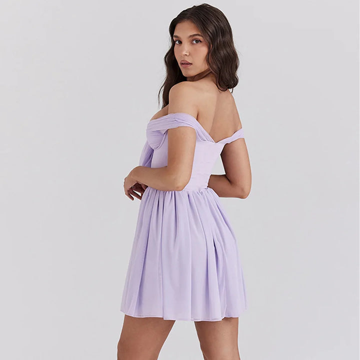 A-line Chiffon Mini Dress with Off-Shoulder - Naya