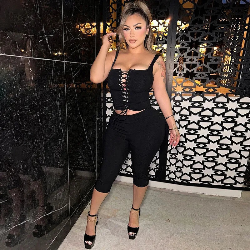 Two-piece set tie top and three-quarter leggings - Nadia