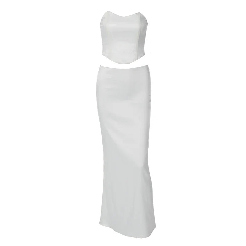 Two-Piece Satin Set with Strapless Top and Maxi Skirt - Siana
