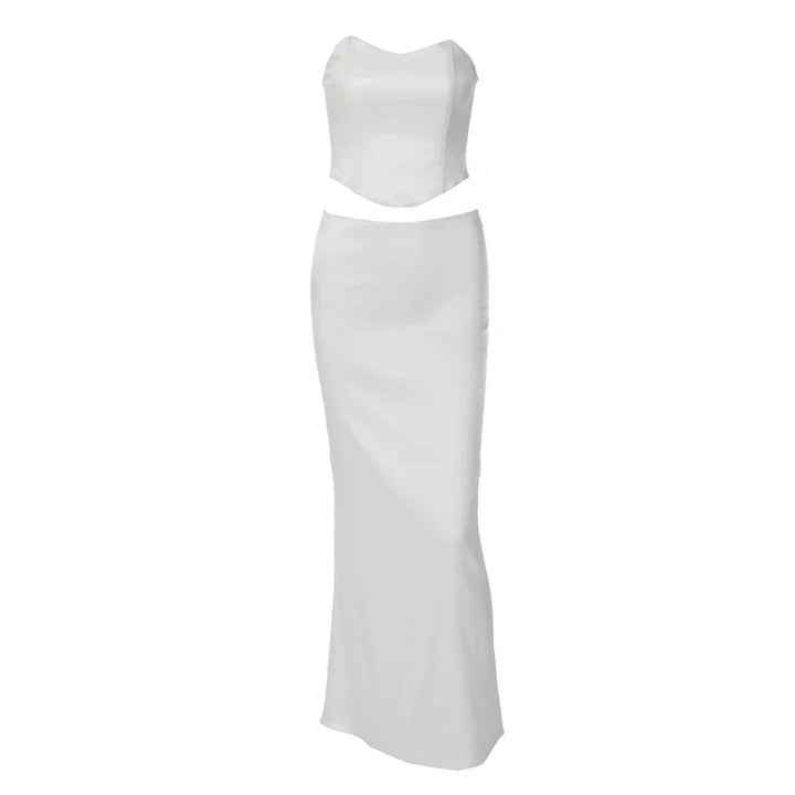 Two-Piece Satin Set with Strapless Top and Maxi Skirt - Siana