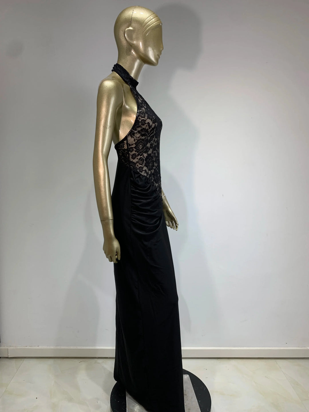 Maxi Dress with Ruching, Collar Cut, Opaque Lace Design, and Open Back - Elliana