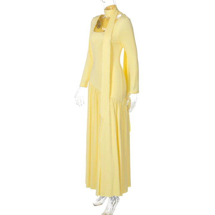 Elegant Maxi Dress with Slit and Scarf Decoration - RONA LI
