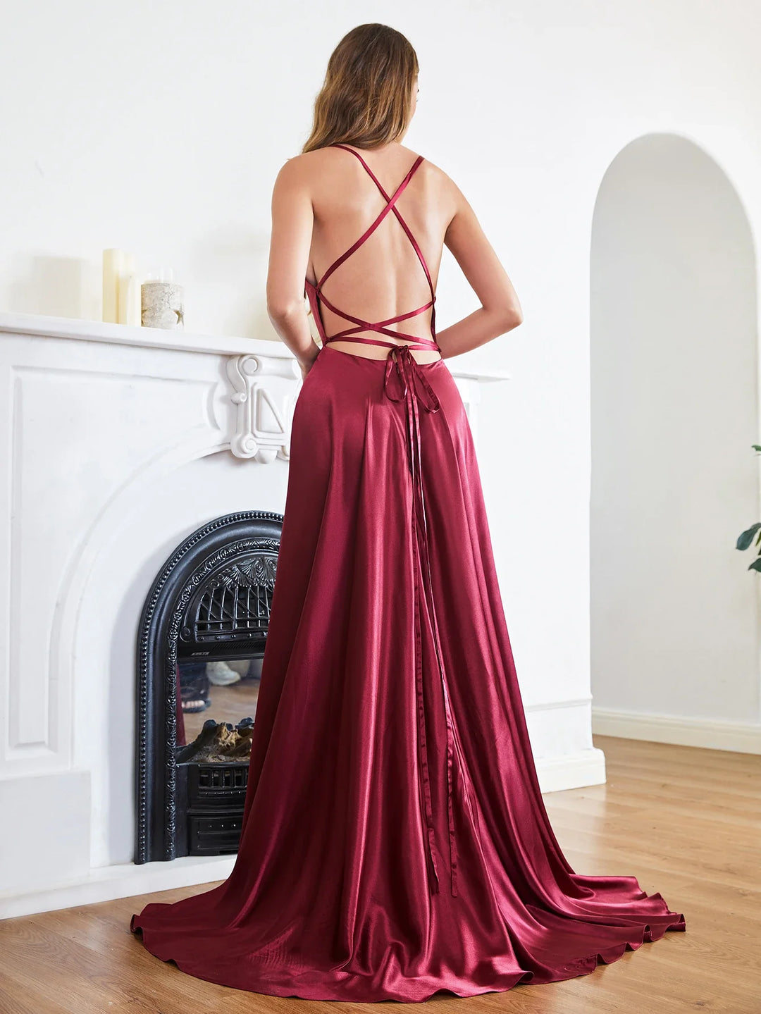 Elegant Maxi Satin Dress with Slit, A-Line Design, Back Tie - Prince
