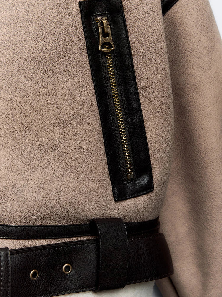 Short suede jacket with inner fur and leather belt decoration - Philip