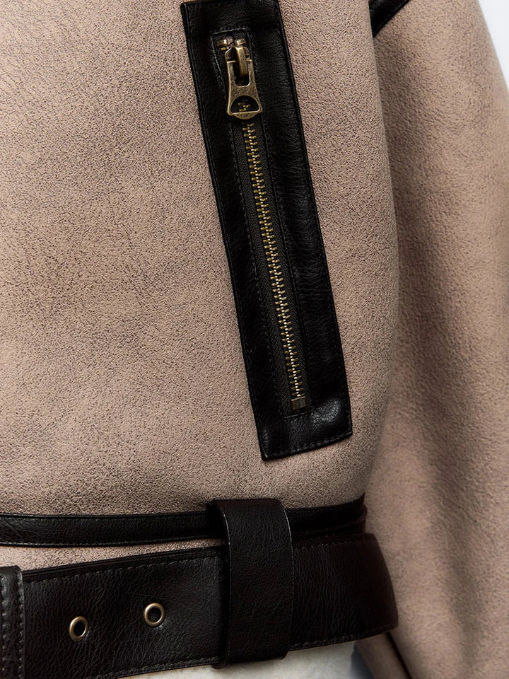 Short suede jacket with inner fur and leather belt decoration - Philip