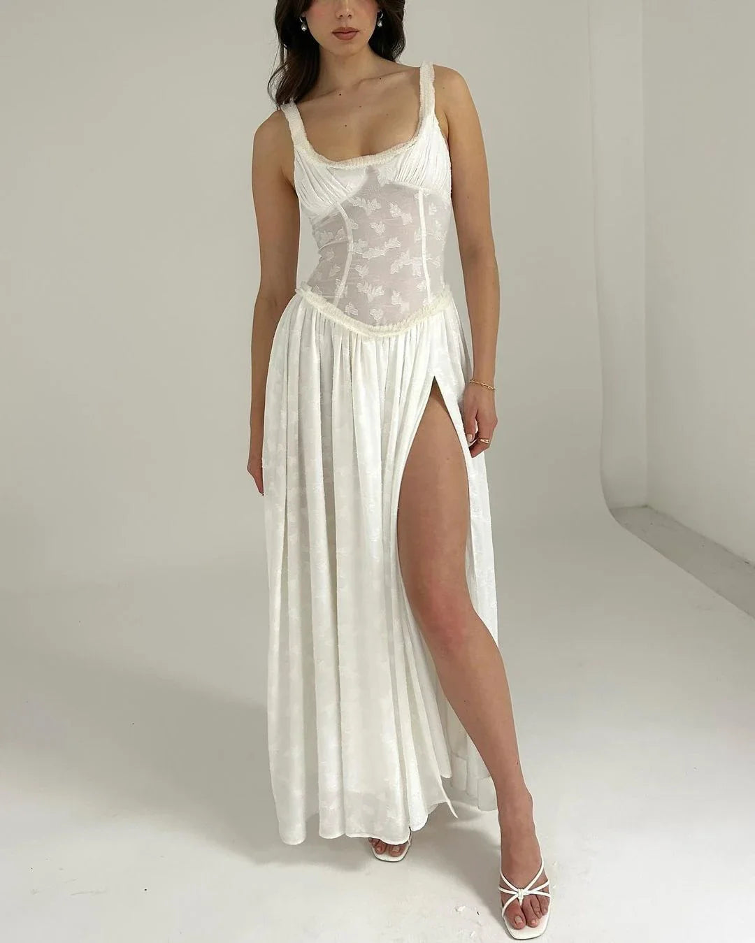 Chiffon Maxi Dress with Floral Embroidery, A-Line Cut, and Slit Design - Alejandra