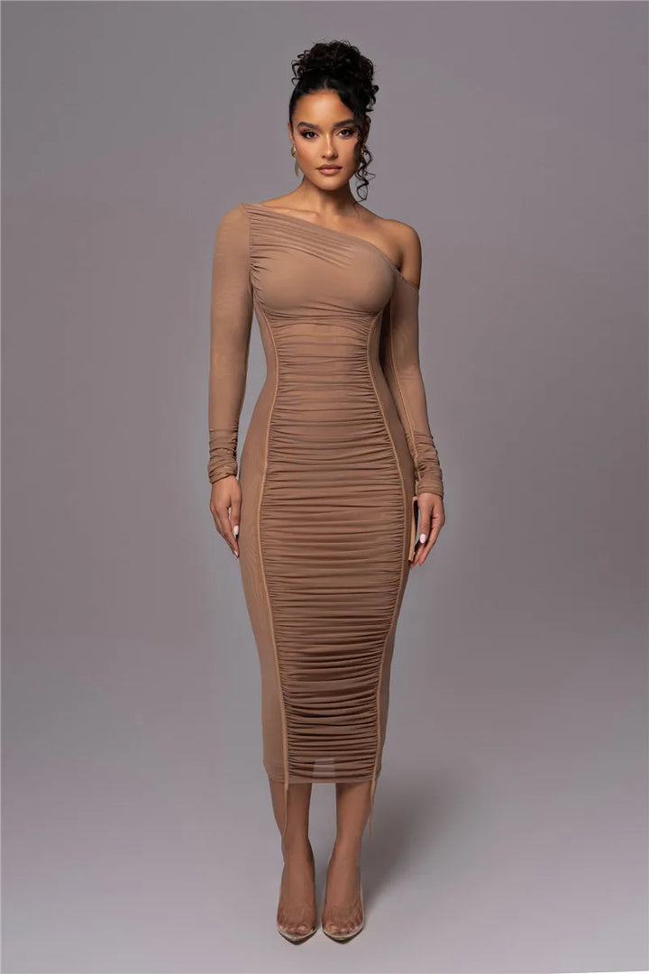 Midi ruched dress with asymmetrical neckline - LOV