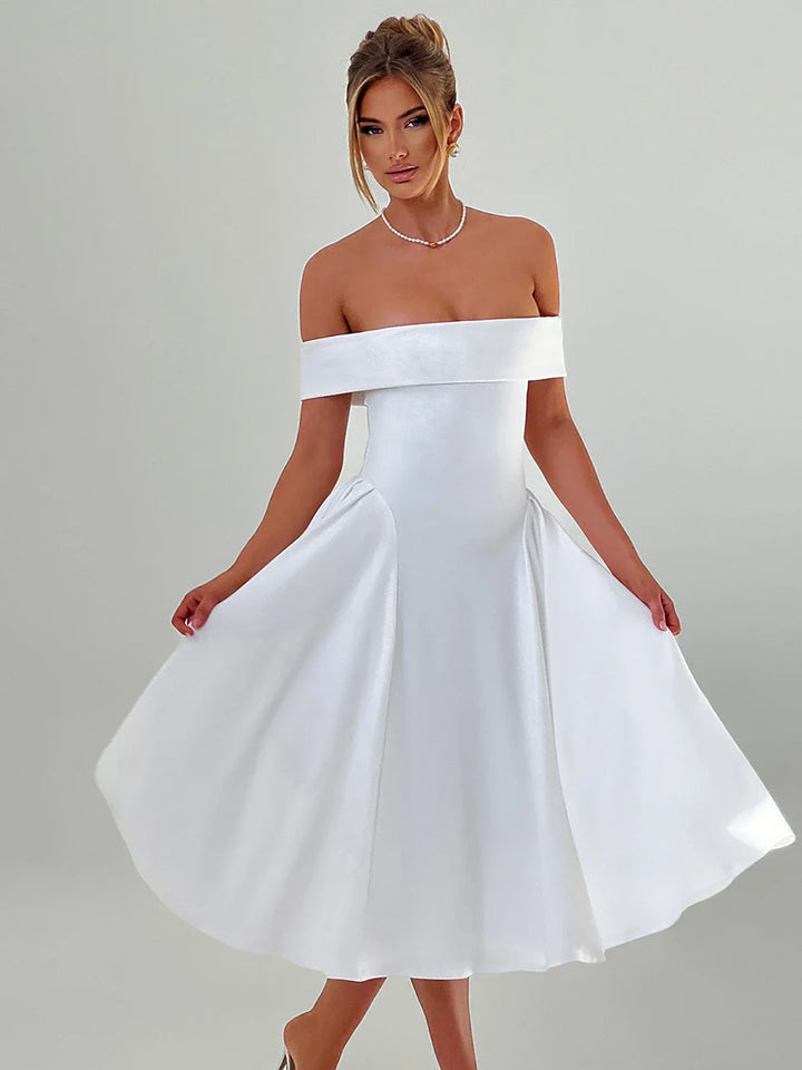 Midi A-Line Dress with Off-Shoulder Design - Ronal