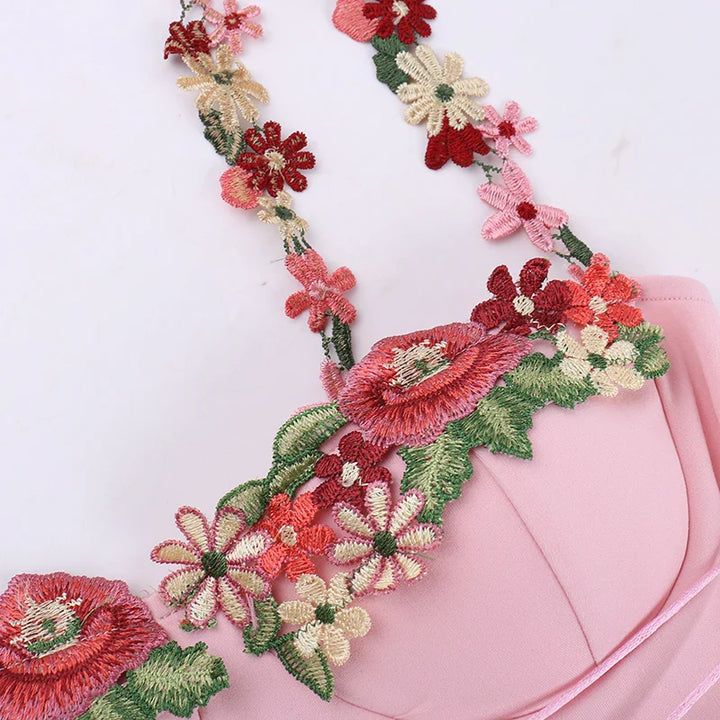 Mini Dress with Embroidery and Flower Straps with Satin Tie String Decoration - Lilia