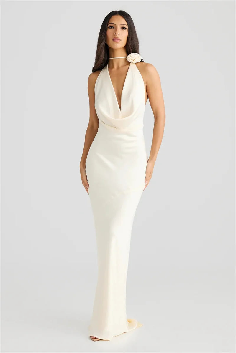 Satin Maxi Dress with Open Back and Draped Collar - Paula