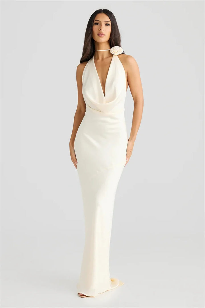 Satin Maxi Dress with Open Back and Draped Collar - Paula