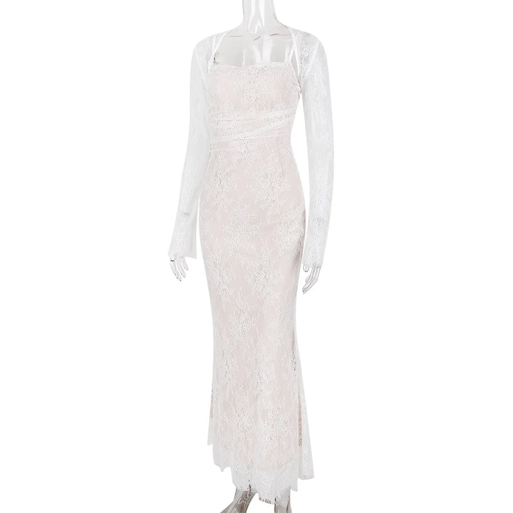 Elegant Maxi Lace Dress with Lace Sleeve Overlay - Ilia