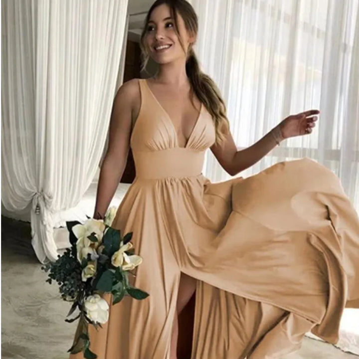 Elegant Maxi Dress with Slit, V-Neck, and Open Back - Noya Lee