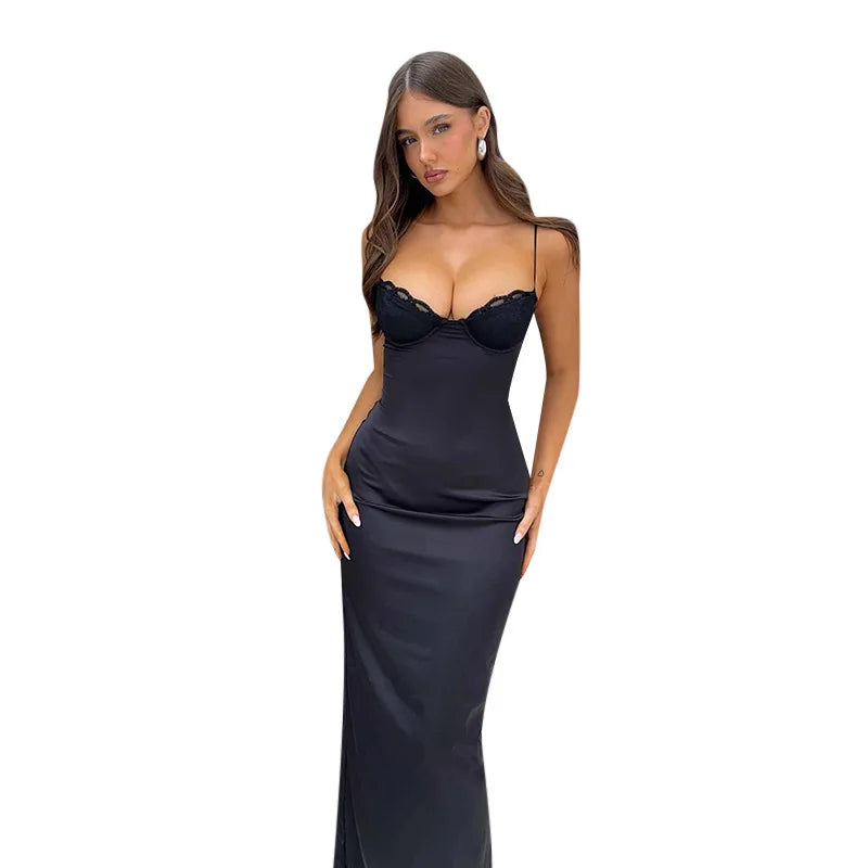Satin Maxi Dress with Lace Detail - Cassidy