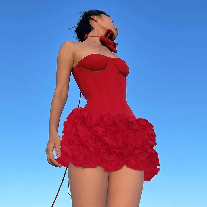 Strapless mini dress with corset design and 3D floral skirt - Loretta