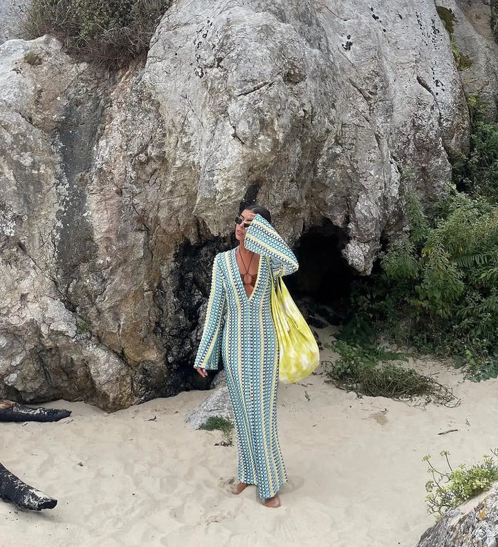 Crochet Beach Maxi Dress with Slit Design - Laila