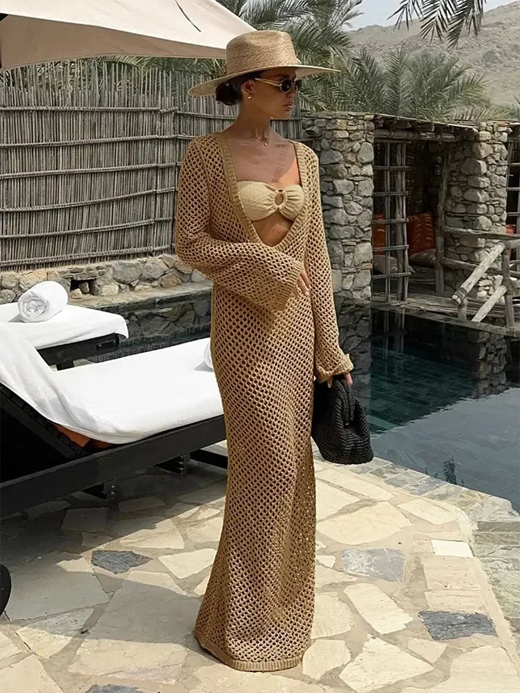 Mesh Maxi Beach Dress with Open Chest/Back - Amber