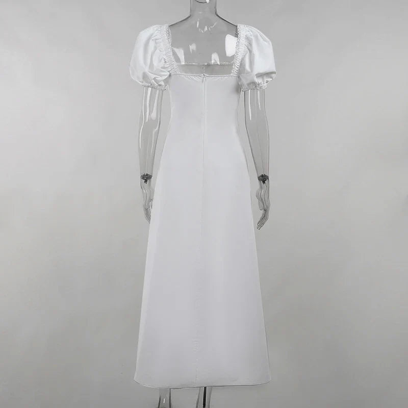 Midi Dress with Rustic Design, Puff Sleeves and Lace Decoration - Rosie