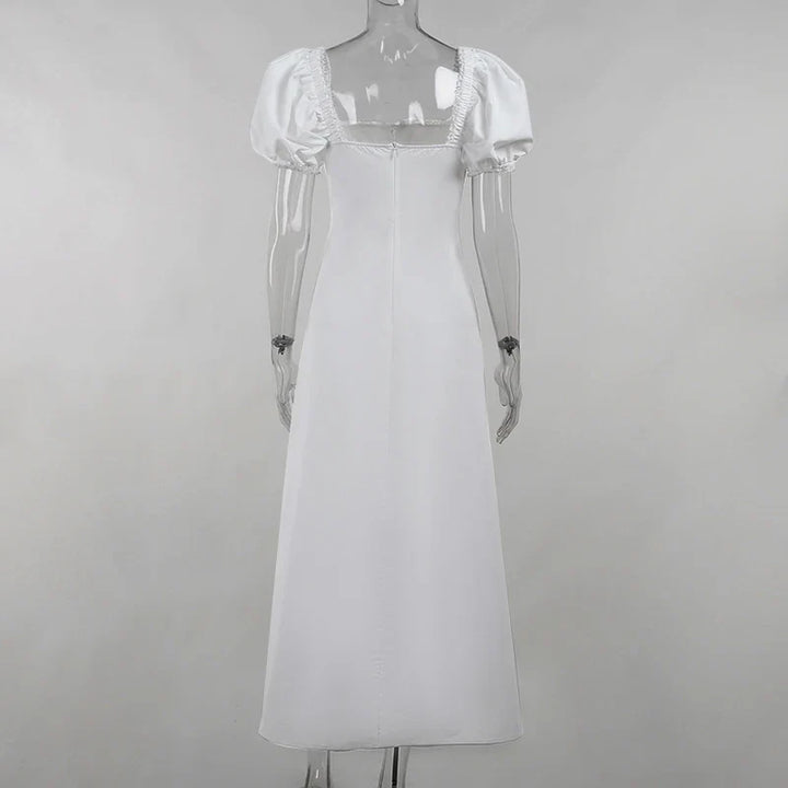 Midi Dress with Rustic Design, Puff Sleeves and Lace Decoration - Rosie