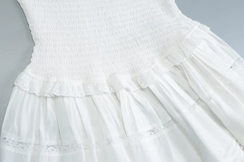 A-Line Strapless Mini Dress with Ruching and Lace Detail - Lavin