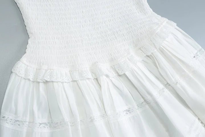 A-Line Strapless Mini Dress with Ruching and Lace Detail - Lavin