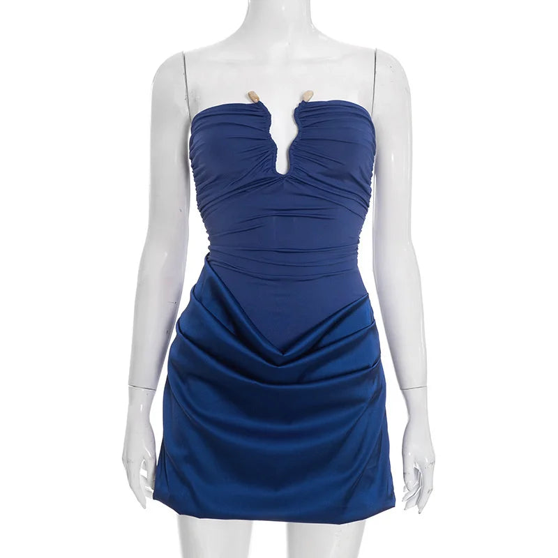 Mini strapless dress with satin pleats and buckle decoration - Easy